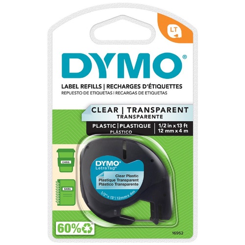 DYMO LetraTag Plastic Label Tape 12mm Black on Clear 16952