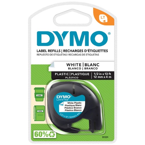 DYMO LetraTag Plastic Label Tape 12mm Black on White 91331