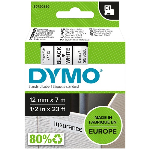 DYMO D1 Label Tape 12mm x 7m Black on White